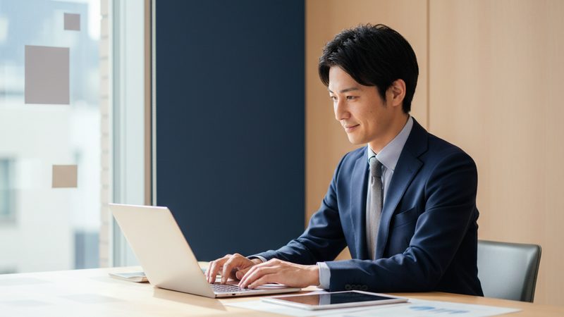 経理転職の年収相場をPCで調べるビジネスパーソン