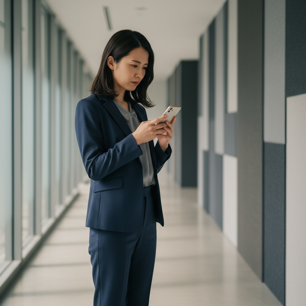 経理 転職 在職中 職場でスマートフォンを確認する女性