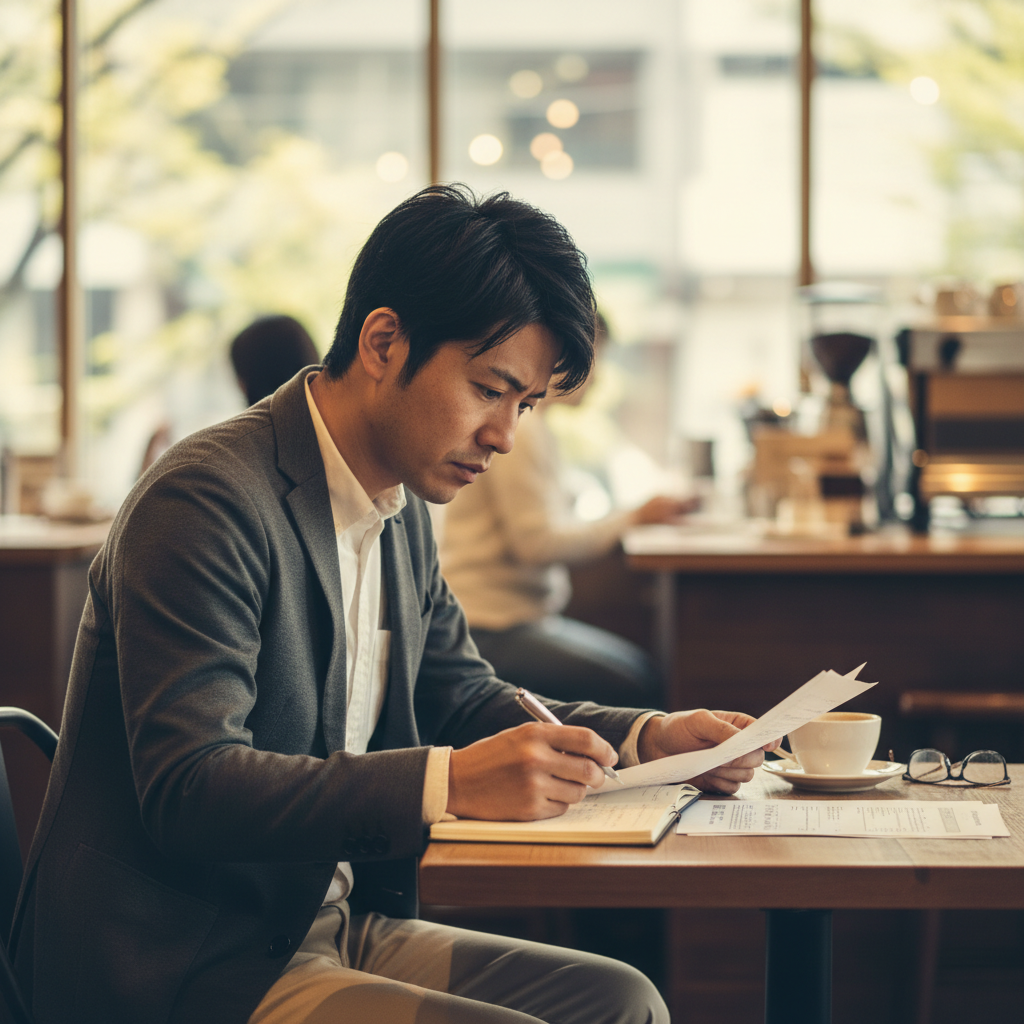 経理 在職中転職 カフェで転職活動の計画を立てる男性