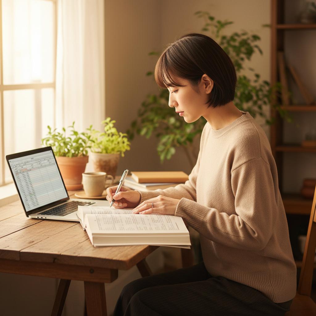育休中に自宅で学習する経理担当者
