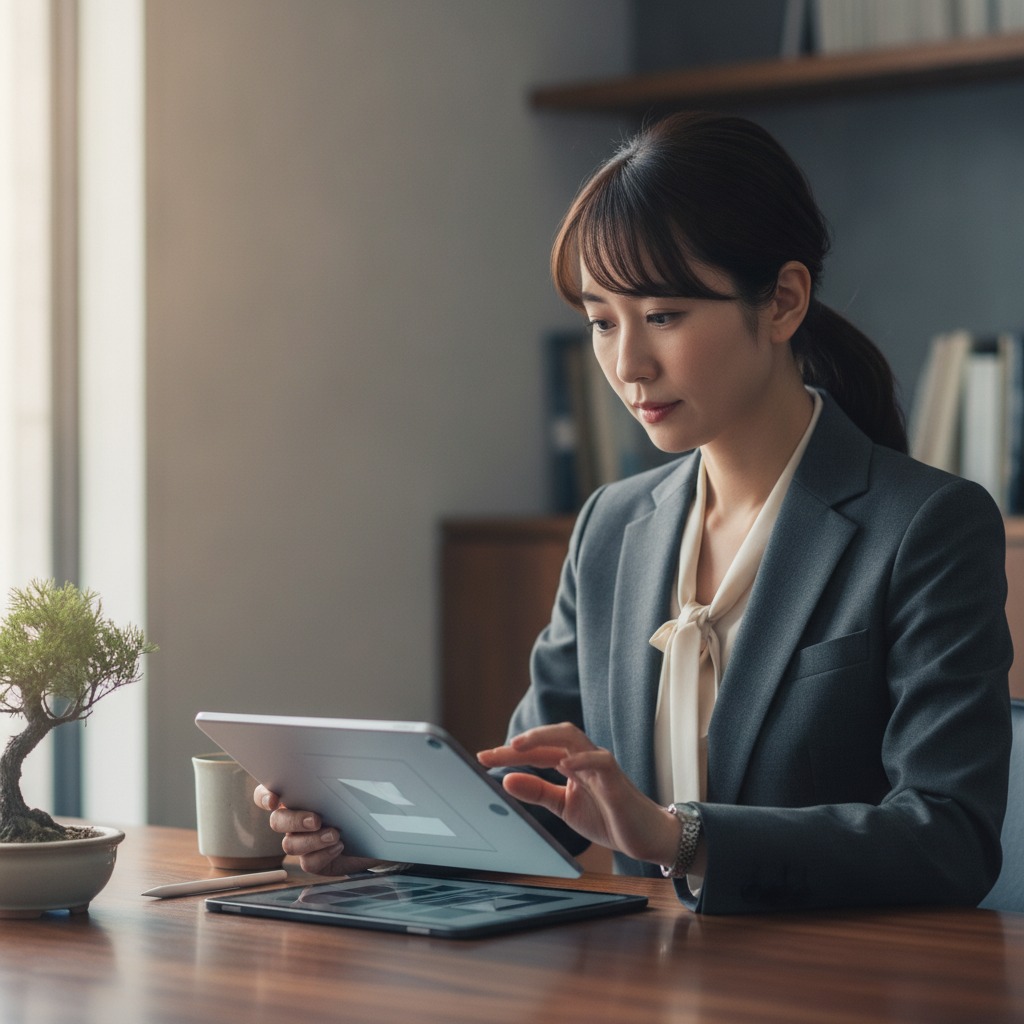 電子契約をタブレットで確認する法務担当者