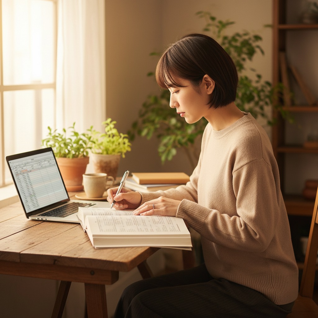 育休中に自宅で学習する経理担当者