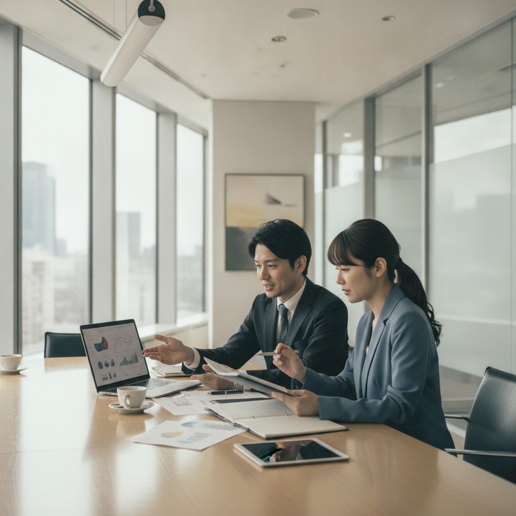 企業法務チームが契約とコンプライアンスを議論する様子